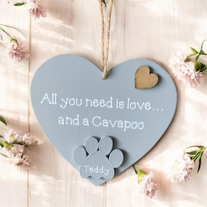 Personalised Cavapoo Wooden Heart Sign, Rustic Grey Dog Lover Gift