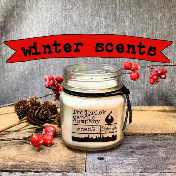 8 oz Winter Holiday Soy Mason Jar Candle, Choose Your Seasonal Scents, Hygge, Container Candle, Votive, Rustic, Hand poured