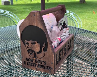 Now That's a Tasty Burger Pulp Fiction Inspired Wooden Grill Caddy Carrier with Bottle Opener Perfect for Barbecue and Outdoor Parties