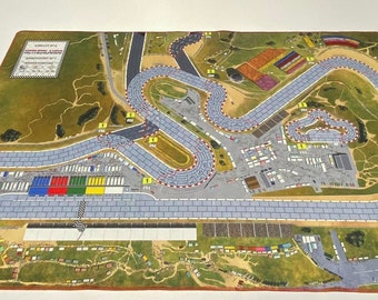 May include: A detailed map of a racetrack, featuring a winding course with red and white striped borders. The map includes parking areas, grandstands, and the text "NETHERLANDS". The color palette includes green, brown, gray, and blue.