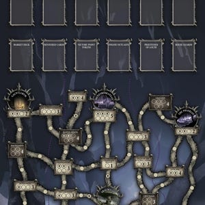 Peut inclure: Une carte de jeu de société fantastique avec un design sombre et détaillé. Le plateau de jeu présente un réseau de lieux interconnectés, des emplacements de cartes et des jetons. La palette de couleurs comprend des nuances de gris, de violet et de marron.