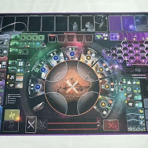 May include: A purple-bordered game board with a central circular area featuring a brown and white planet design. The board has a black background with various colored icons and text, including "Switch Turn", "The Current", "Coating", "Temporal", and "Alien Encounters".