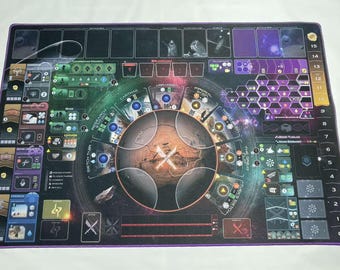 May include: A purple-bordered game board with a central circular area featuring a brown and white planet design. The board has a black background with various colored icons and text, including "Switch Turn", "The Current", "Coating", "Temporal", and "Alien Encounters".