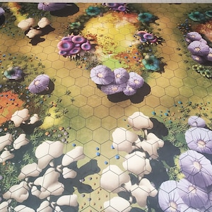 May include: A colorful game mat with a hexagonal grid pattern. The mat features a variety of colorful mushrooms and flowers on a green and yellow background.