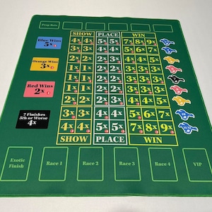 May include: Green felt betting board with a grid of numbers and squares for placing bets. The board has a section for "Show", "Place", and "Win" bets. There are also sections for "Exotic Finish", "Race 1", "Race 2", "Race 3", "Race 4", and "VIP".