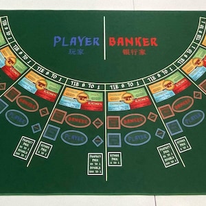 May include: A green felt Baccarat table layout with colorful betting areas and text. The layout features the words "PLAYER" and "BANKER" in blue and red, respectively. Various betting options are displayed, including "Dragon Bonus Pay Out Odds".