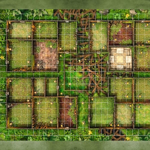 May include: A detailed overhead view of a fantasy map with a grid pattern. The map features various sections with grass, dirt, and wooden structures, surrounded by lush green foliage. The text "Lost Maps" is visible.