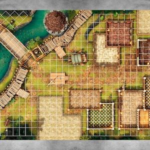 May include: Overhead view of a fantasy map with a grid overlay. The map features a river, bridge, buildings, and a tower. The color palette includes greens, browns, and tans, creating a detailed tabletop gaming scene.