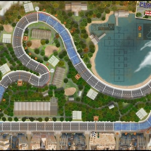 以下が含まれることがあります： ニューヨーク市のセントラルパークを描いたゲームボード。ボードには、青と赤のマークが付いた曲がりくねったレースコース、湖、1から8までの数字が書かれたグリッドエリアがあります。ゲームボードは街並みに囲まれています。