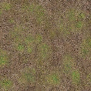 Puede incluir: Vista aérea detallada de una superficie texturizada y de aspecto natural. La paleta de colores está dominada por marrones y verdes, con parches de vegetación verde intercalados en un campo de hierbas secas y tierra marrón.