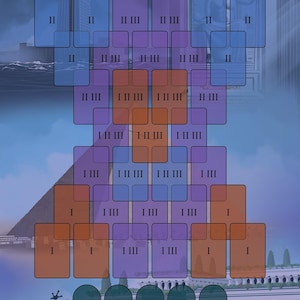 May include: A game mat with a stylized design featuring rectangular and circular elements in shades of blue, purple, and orange. The word "TREASURY" is at the top. The bottom has a series of circular tokens and rectangular markers.