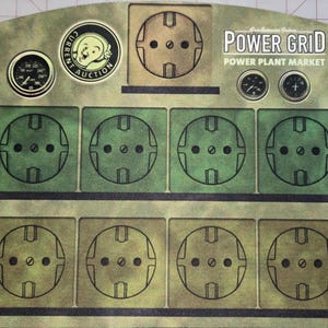 May include: A vintage-style game board in green and tan. It depicts electrical outlets, gauges, and the text "Power Grid Power Plant Market" and "Current Auction". The board has a distressed, aged appearance, suggesting it is a retro item.