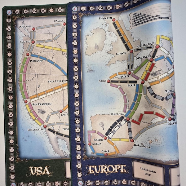 Ticket To Ride 24x36 Double-sided USA/Europe or Germany/Nordic Countries GripMat / Play mat with stitched edging  Unofficial Upgrade