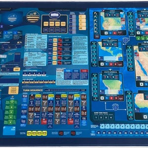 May include: A rectangular blue board game mat featuring a detailed world map, various strategy tracks, turn sequence charts, and numerical indicators. The design includes multiple labelled regions, icons, and text boxes for gameplay management.