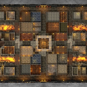 Puede incluir: Vista detallada y cenital de un mapa de mazmorras con varias habitaciones y pasillos. El mapa presenta un área cuadrada central y está rodeado por un borde de piedra. Las llamas se representan en el centro y a los lados, con pequeñas luces.