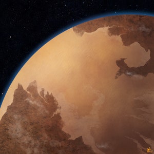 May include: A close-up of a brown and orange planet with a dark blue atmosphere. The surface of the planet is covered in craters and canyons.