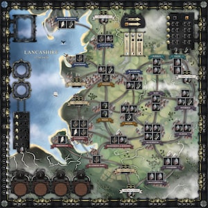 May include: A map of Lancashire, England, with various towns and cities marked, including Manchester, Liverpool, and Blackburn. The map is part of a board game, with various game pieces and tokens visible.