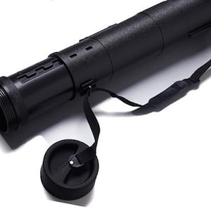 May include: Black cylindrical art portfolio case with a shoulder strap and a screw-on cap. The case is made of a textured plastic material. The cap is detached and lying next to the case.