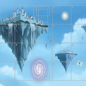 May include: A fantasy-themed playmat featuring floating islands with castles and waterfalls against a blue sky. The mat has a grid overlay, with glowing orbs and a swirling portal. Designed by Przemek Koskowski.
