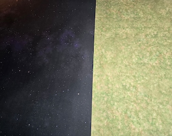 May include: A split background image with a dark blue night sky with white stars and a light green grassy field.