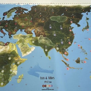 May include: A world map game board for Axis & Allies 1942, featuring a blue ocean, green landmasses, and red and white markers. The board shows the continents of Europe, Asia, Africa, and Australia.
