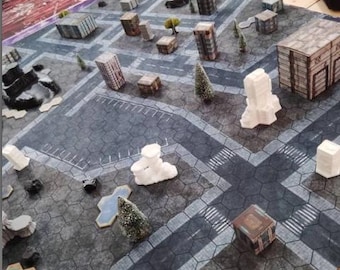 May include: A tabletop game board with a gray and white hexagonal grid pattern. The board is decorated with miniature buildings, trees, and other objects. The board is made of a durable material and is perfect for playing a variety of games.