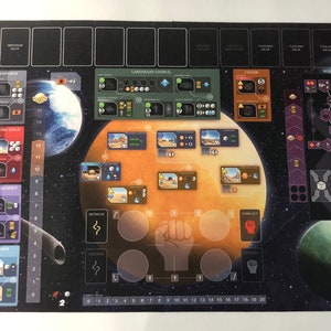 以下が含まれることがあります： 黒い背景と宇宙をテーマにしたゲームボード。ボードには、青い惑星を背景に大きなオレンジ色の惑星が描かれている。ボードの周りには、いくつかの小さな惑星と星が散らばっている。ボードには、宇宙船、ロボット、建物など、さまざまなゲームピースも含まれている。ボードは厚紙製で、状態は良好です。
