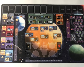 May include: A game board with a black background and a space theme. The board features a large orange planet with a blue planet in the background. There are several smaller planets and stars scattered around the board. The board also features a number of different game pieces, including spaceships, robots, and buildings. The board is made of thick cardboard and is in excellent condition.