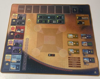 May include: A game board with a desert-like background and a central playing area. The board features various spaces for players to move their pieces, as well as areas for resource collection and action cards. The board also includes a track for scoring victory points. The game board is made of a durable material and is designed for long-lasting use.