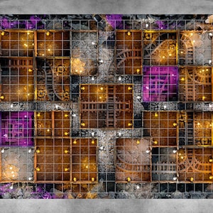 May include: A detailed, top-down view of a fantasy dungeon map. The map features a grid layout with various rooms, mine cart tracks, and wooden structures. The color palette includes shades of brown, gray, and purple, with warm lighting.