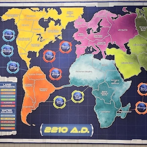 May include: A game board with a world map featuring different colored continents and blue circles with the word "Courage" inside. The board also includes a moon image, a grid for army status report, and the text "2210 A.D."