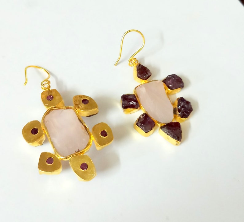 Peacock Earrings Handmade Earrings Rose Quartz Earrings Gold Vermeil Earrings Dangle Earring- Designer Earrings- Pear Stone Earrings