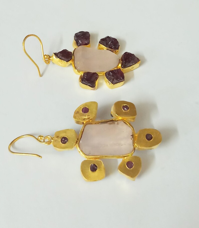 Peacock Earrings Handmade Earrings Rose Quartz Earrings Gold Vermeil Earrings Dangle Earring- Designer Earrings- Pear Stone Earrings