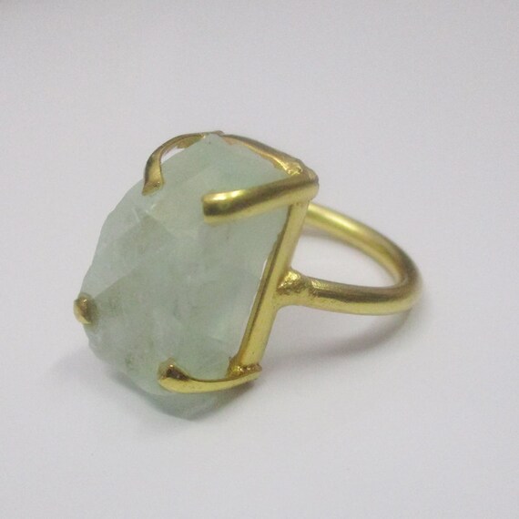 Natural Gemstone Ring Brass Ring Prong Set Ring Green Fluorite Ring Artisan Brass Ring Brass Stacking Ring 18K Gold Vermeil Ring