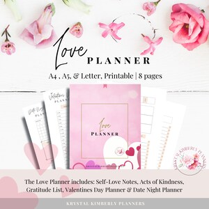 以下が含まれることがあります： 表紙に「Love Planner」というテキストが書かれたピンクと白の印刷可能なプランナー。プランナーには、自己愛のメモ、親切な行為、感謝のリスト、バレンタインデーのプランナー、デートの夜のプランナーが含まれています。プランナーはA4、A5、レターサイズで入手可能で、8ページが含まれています。