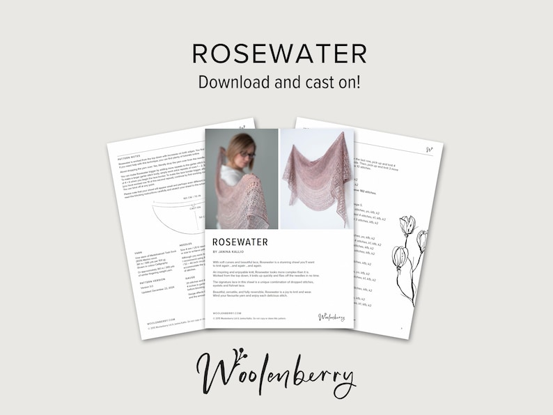 Rosewater – One skein shawl knitting pattern with simple lace and garter stitch