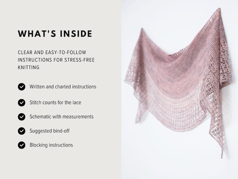 Rosewater – One skein shawl knitting pattern with simple lace and garter stitch