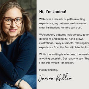 May include: A portrait of Janina Kallio with brown hair and glasses wearing a dark blue long-sleeved shirt. The text reads: Hi, I&rsquo;m Janina! With over a decade of pattern-writing experience, my patterns are known for clear instructions.