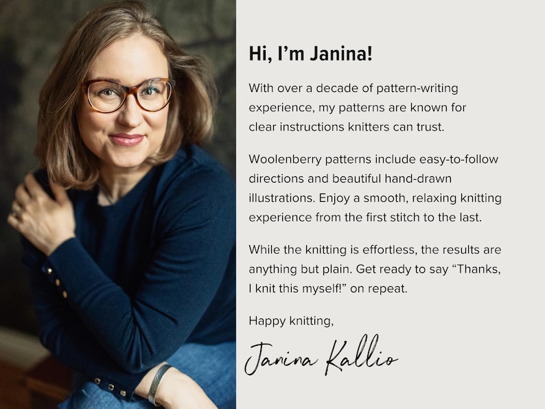 May include: A portrait of Janina Kallio with brown hair and glasses wearing a dark blue long-sleeved shirt. The text reads: Hi, I&rsquo;m Janina! With over a decade of pattern-writing experience, my patterns are known for clear instructions.