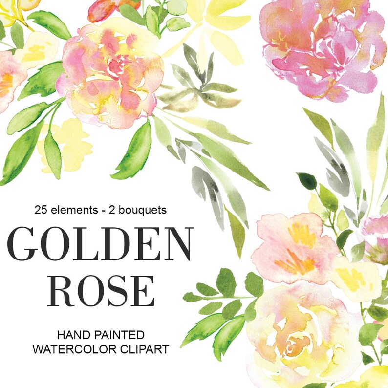 Watercolor Pink Roses Golden Green hand painted Clipart PNG Wedding Invitation Scrapbook planner sticker floral arrangament commercial use