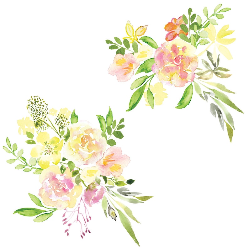 Watercolor Pink Roses Golden Green hand painted Clipart PNG Wedding Invitation Scrapbook planner sticker floral arrangament commercial use