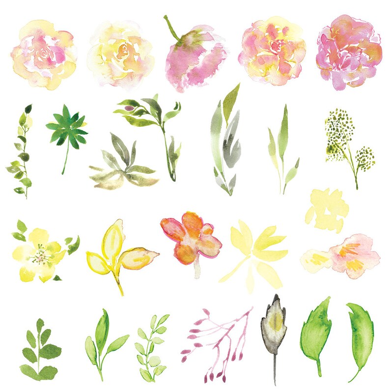 Watercolor Pink Roses Golden Green hand painted Clipart PNG Wedding Invitation Scrapbook planner sticker floral arrangament commercial use