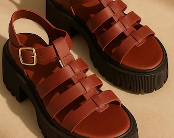 Red Leather Huarache Platform Sandals, Chunky Mexican Artisan Shoes for Women, Handmade Boho Platform Sandals