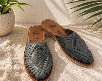 Grey Leather Huarache Mules, Mexican Sandals for Women, Handmade Artisan Shoes, Slip On Leather Sandals, Boho Sandals, Gift for Her