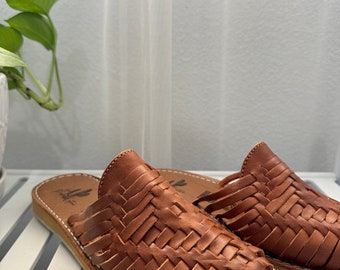 Tan Leather Huarache Mules, Mexican Sandals for Women, Handmade Artisan Shoes, Slip On Leather Sandals, Boho Sandals, Gift for Her