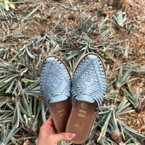 Blue Leather Huarache Mules: Mexican Artisanal Sandals