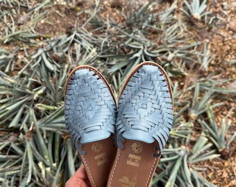 Blue Leather Huarache Mules: Mexican Artisanal Sandals