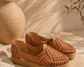 Espadrilles Huarache beiges, sandales en cuir mexicaines pour femme, chaussures artisanales faites à la main, sandales espadrilles tissées, chaussures bohèmes, cadeau pour elle