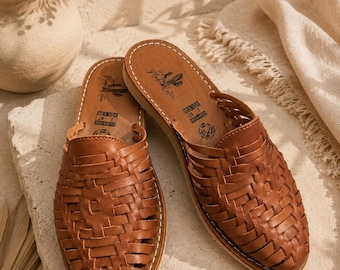 Tankleurige lederen Huarache-muiltjes, Mexicaanse sandalen voor vrouwen, handgemaakte ambachtelijke schoenen, instappers leren sandalen, boho sandalen, cadeau voor haar