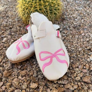 Handmade Suede Leather Clogs: Sheepskin Lined, Pink Bow Detail